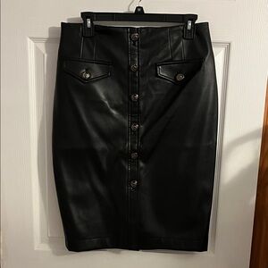 White House Black Market Buttoned Black Faux Leather Pencil Skirt